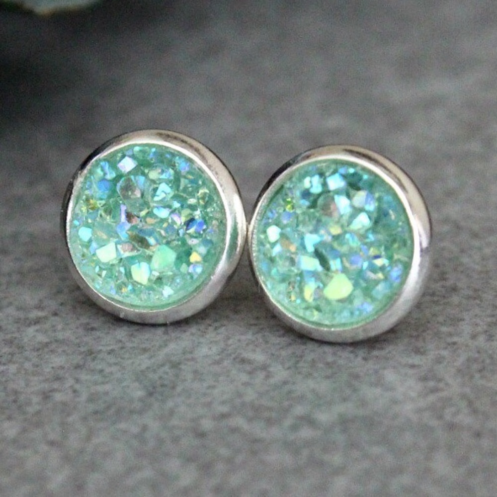 Mint Stud Earrings, Mint Earrings, Druzy Earrings